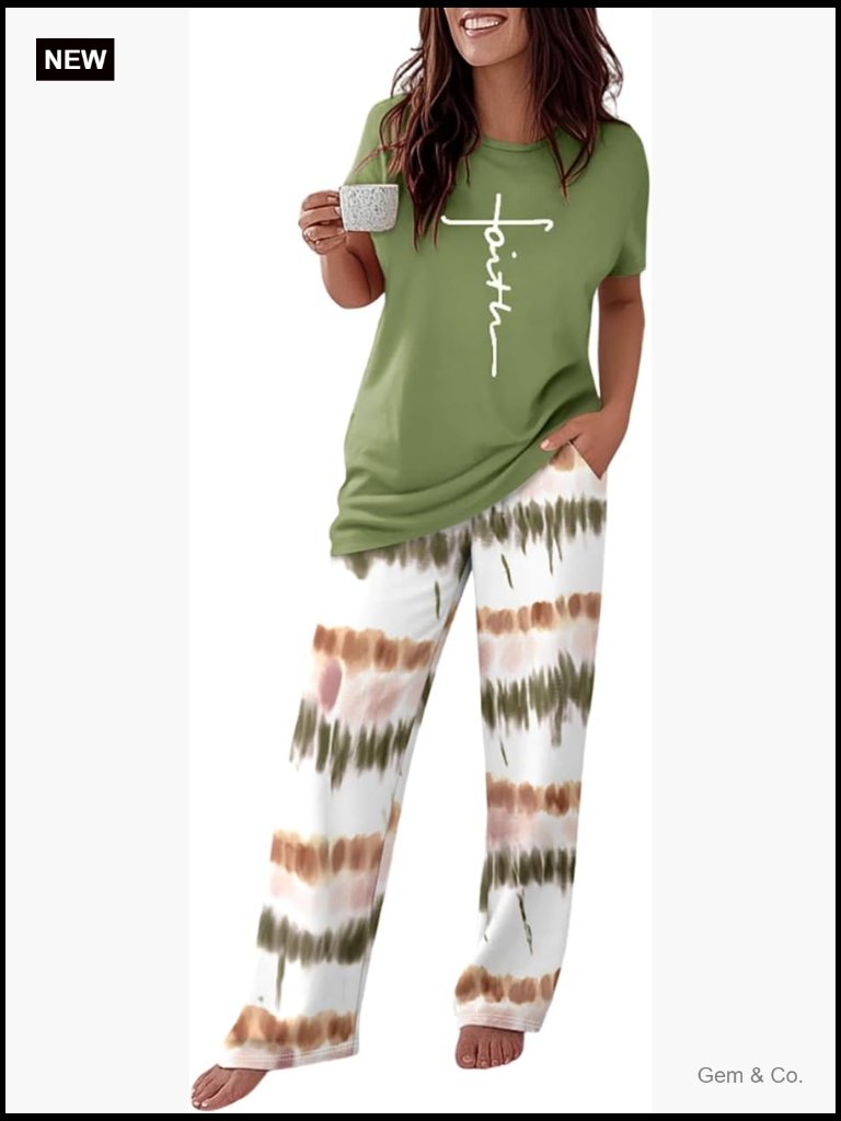 2 Piece Short Sleeve Lounge Set Printed Pajamas With Pockets